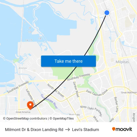 Milmont Dr & Dixon Landing Rd to Levi's Stadium map
