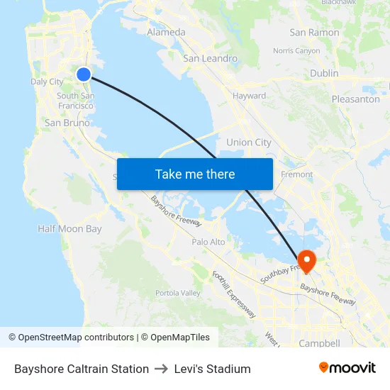 Bayshore Caltrain Station to Levi's Stadium map