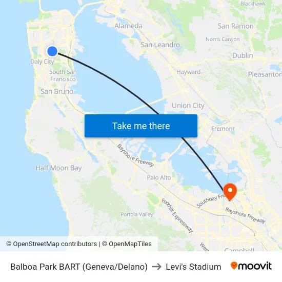 Balboa Park BART (Geneva/Delano) to Levi's Stadium map