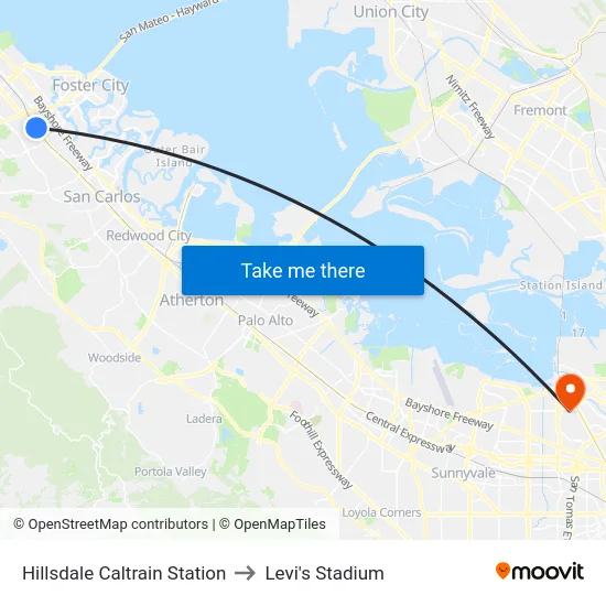 Hillsdale Caltrain Station to Levi's Stadium map