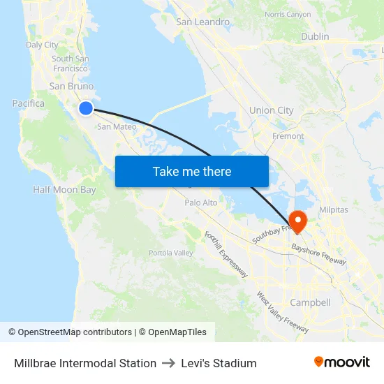 Millbrae Intermodal Station to Levi's Stadium map