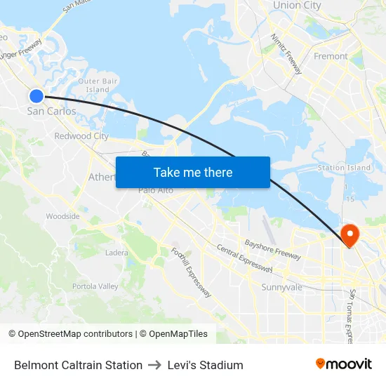 Belmont Caltrain Station to Levi's Stadium map