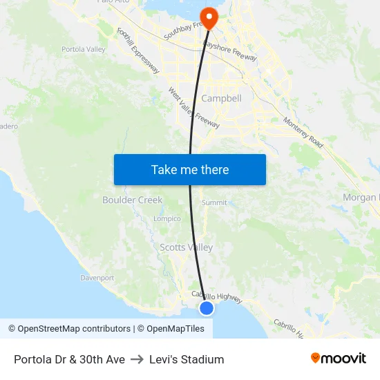 Portola Dr & 30th Ave to Levi's Stadium map
