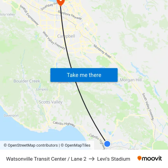 Watsonville Transit Center / Lane 2 to Levi's Stadium map