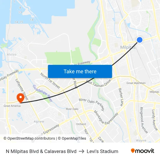 N Milpitas Blvd & Calaveras Blvd to Levi's Stadium map
