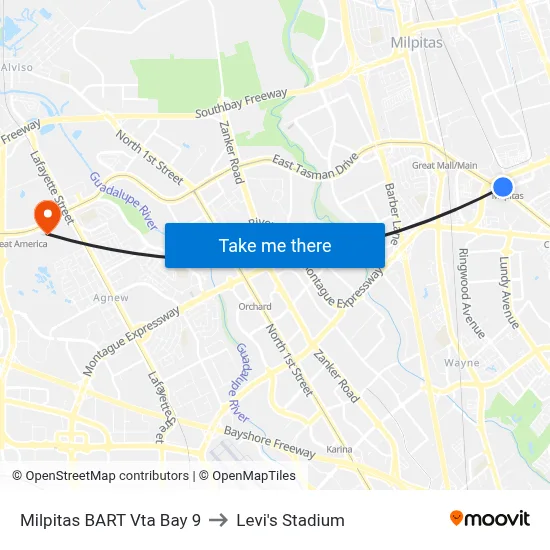 Milpitas BART Vta Bay 9 to Levi's Stadium map