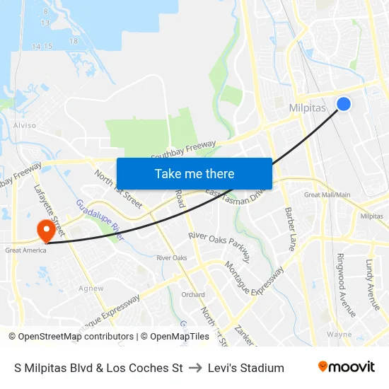S Milpitas Blvd & Los Coches St to Levi's Stadium map