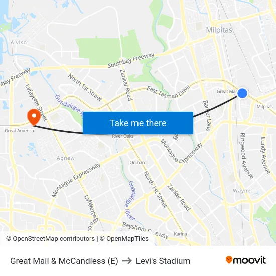 Great Mall & McCandless (E) to Levi's Stadium map