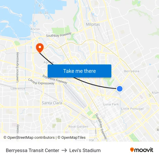 Berryessa Transit Center to Levi's Stadium map
