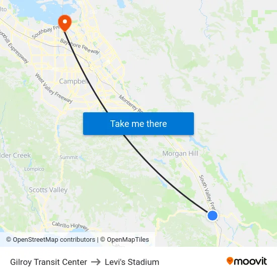 Gilroy Transit Center to Levi's Stadium map