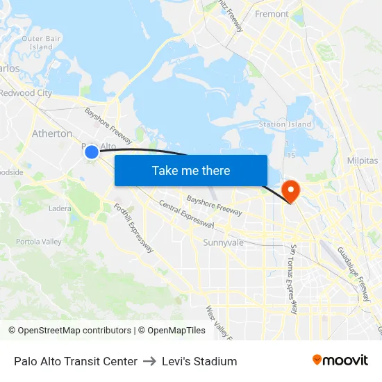 Palo Alto Transit Center to Levi's Stadium map