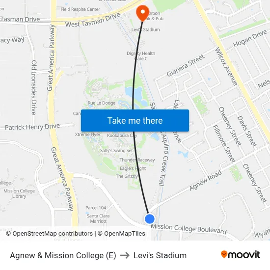 Agnew & Mission College (E) to Levi's Stadium map