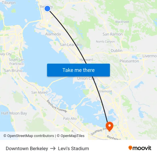 Downtown Berkeley to Levi's Stadium map