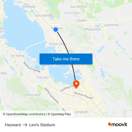 Hayward to Levi's Stadium map
