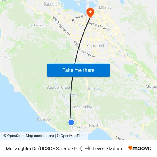 McLaughlin Dr (UCSC - Science Hill) to Levi's Stadium map
