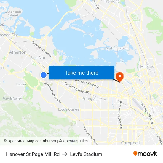 Hanover St:Page Mill Rd to Levi's Stadium map