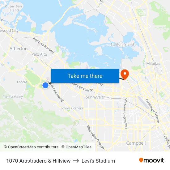 1070 Arastradero & Hillview to Levi's Stadium map