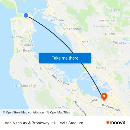 Van Ness Av & Broadway to Levi's Stadium map