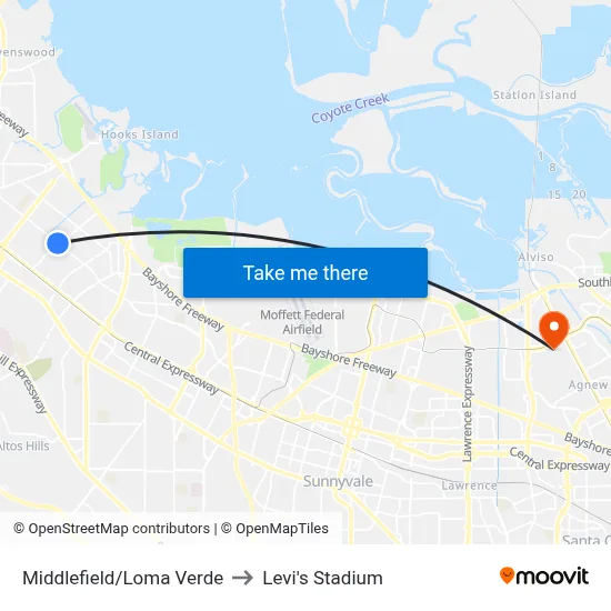 Middlefield/Loma Verde to Levi's Stadium map