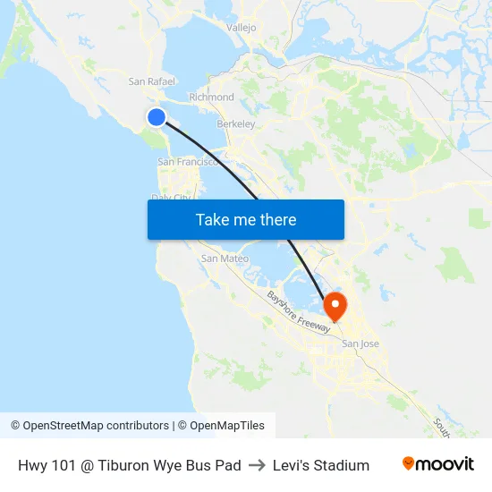 Hwy 101 @ Tiburon Wye Bus Pad to Levi's Stadium map