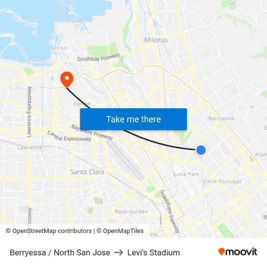 Berryessa / North San Jose to Levi's Stadium map