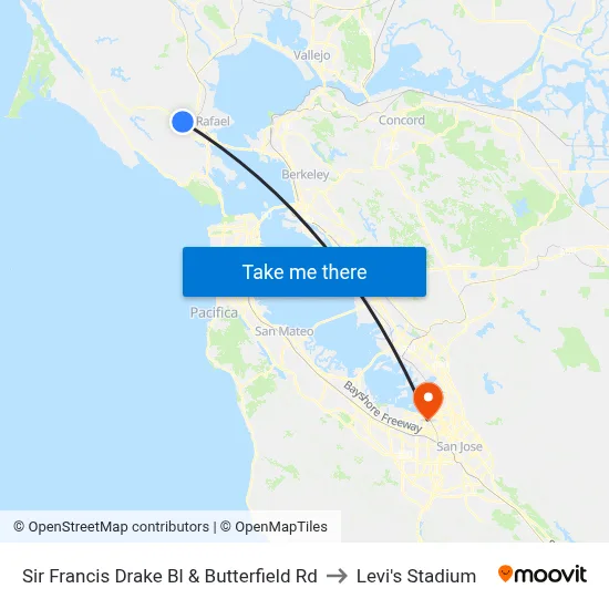 Sir Francis Drake Bl & Butterfield Rd to Levi's Stadium map