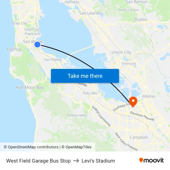 West Field Garage Bus Stop to Levi's Stadium map