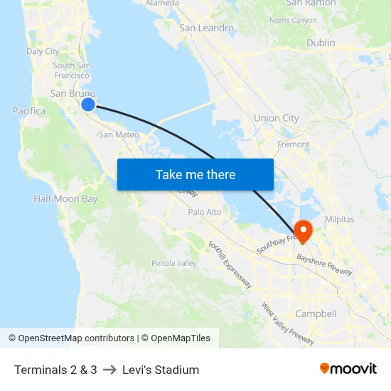 Terminals 2 & 3 to Levi's Stadium map