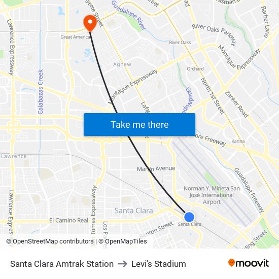 Santa Clara Amtrak Station to Levi's Stadium map