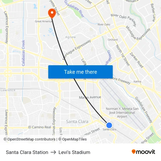 Santa Clara Station to Levi's Stadium map