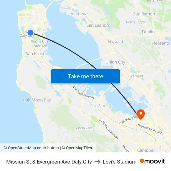 Mission St & Evergreen Ave-Daly City to Levi's Stadium map