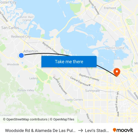 Woodside Rd & Alameda De Las Pulgas to Levi's Stadium map