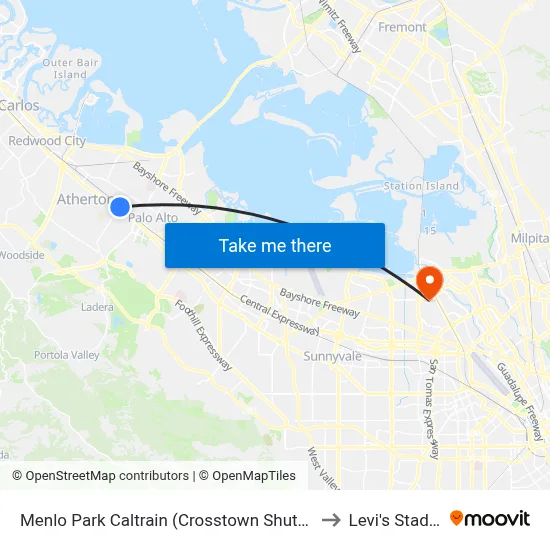 Menlo Park Caltrain (Crosstown Shuttle Stop) to Levi's Stadium map
