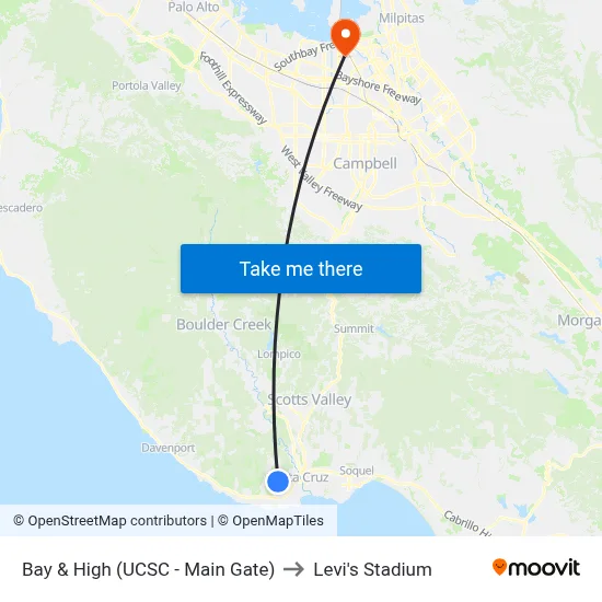 Bay & High (UCSC - Main Gate) to Levi's Stadium map