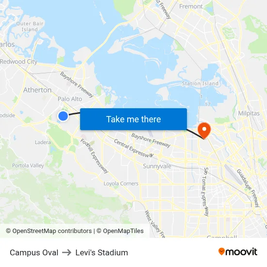 Campus Oval to Levi's Stadium map