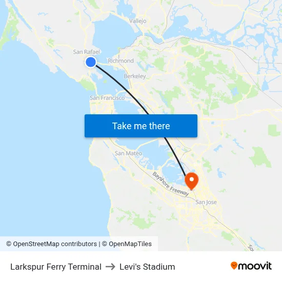 Larkspur Ferry Terminal to Levi's Stadium map