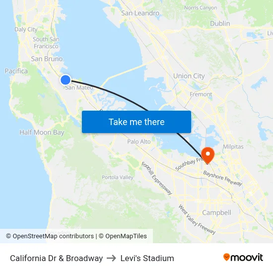 California Dr & Broadway to Levi's Stadium map