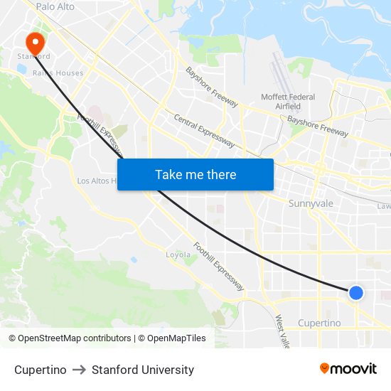 Cupertino to Stanford University map