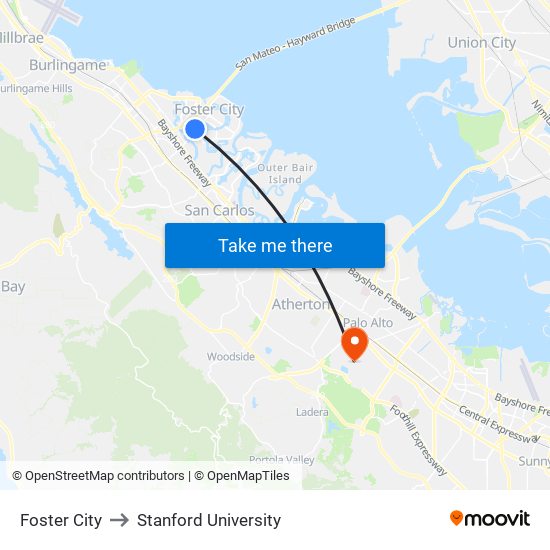 Foster City to Stanford University map