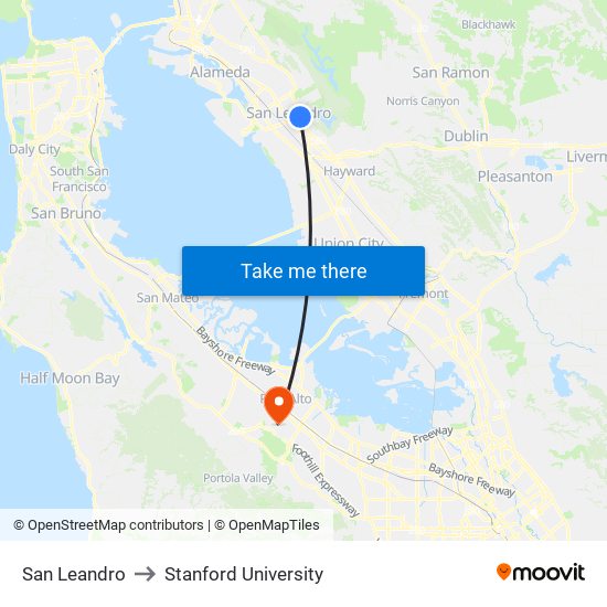 San Leandro to Stanford University map