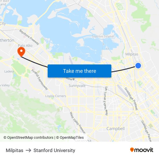 Milpitas to Stanford University map