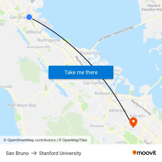 San Bruno to Stanford University map