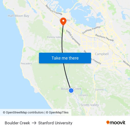 Boulder Creek to Stanford University map