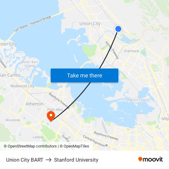 Union City Bart to Stanford University map
