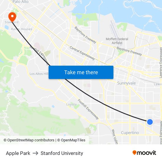 Apple Inc. to Stanford University map