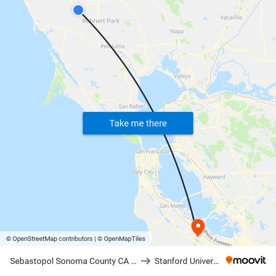 Sebastopol Sonoma County CA USA to Stanford University map