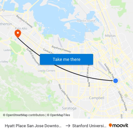 Hyatt Place San Jose Downtown to Stanford University map