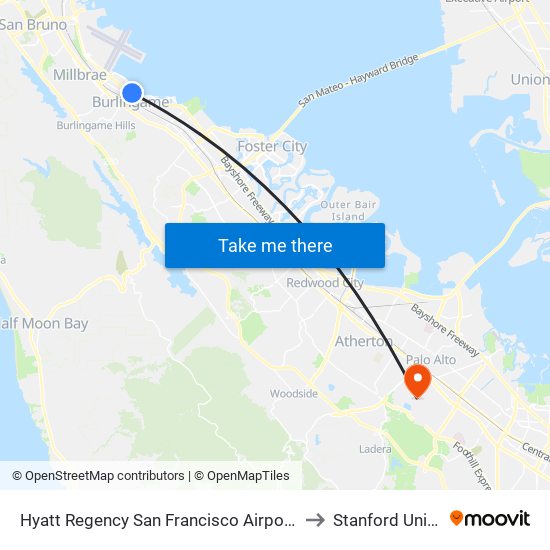 Hyatt Regency San Francisco Airport Burlingame to Stanford University map