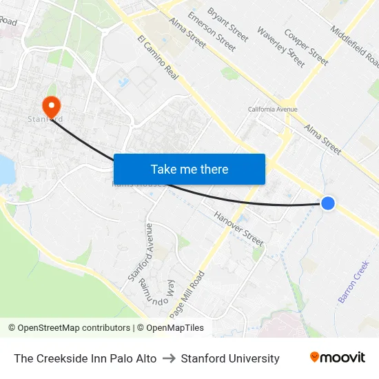 The Creekside Inn Palo Alto to Stanford University map