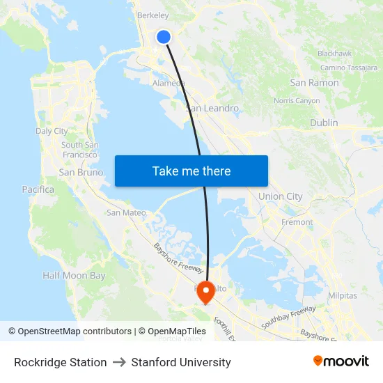 Rockridge Station to Stanford University map